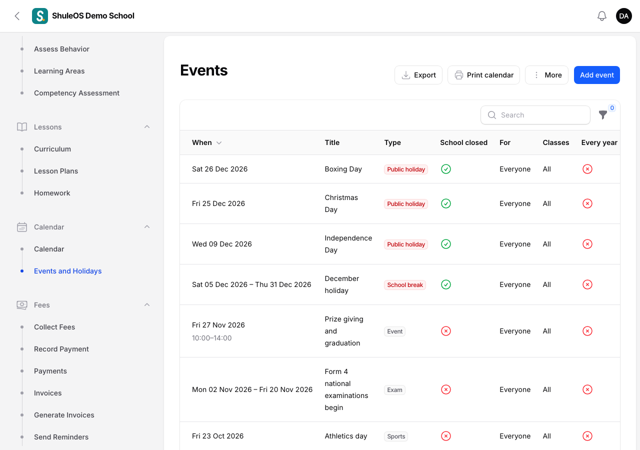 Events and Holidays