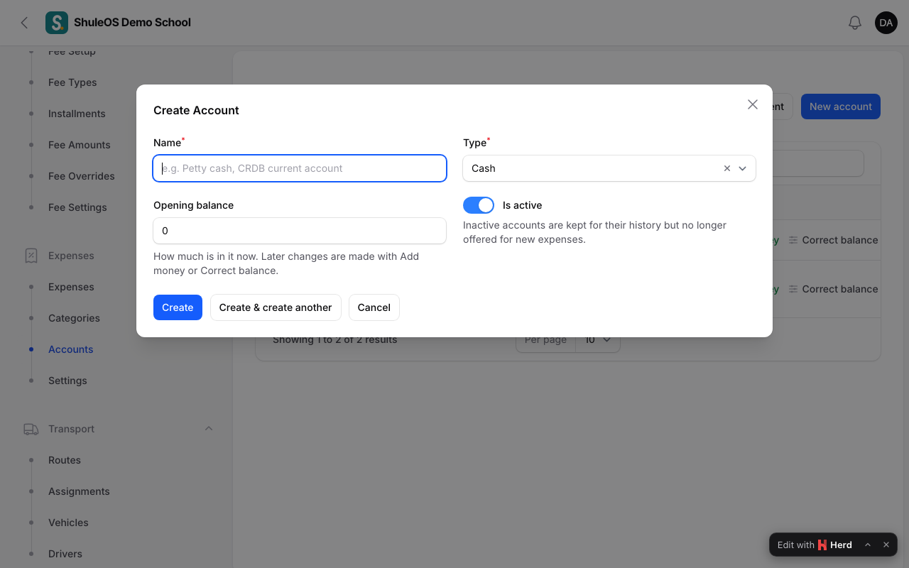 The new account form