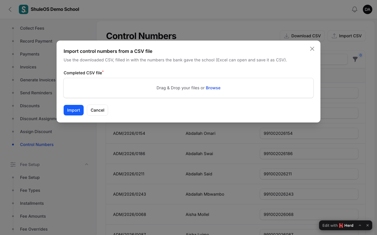 The import window for control numbers
