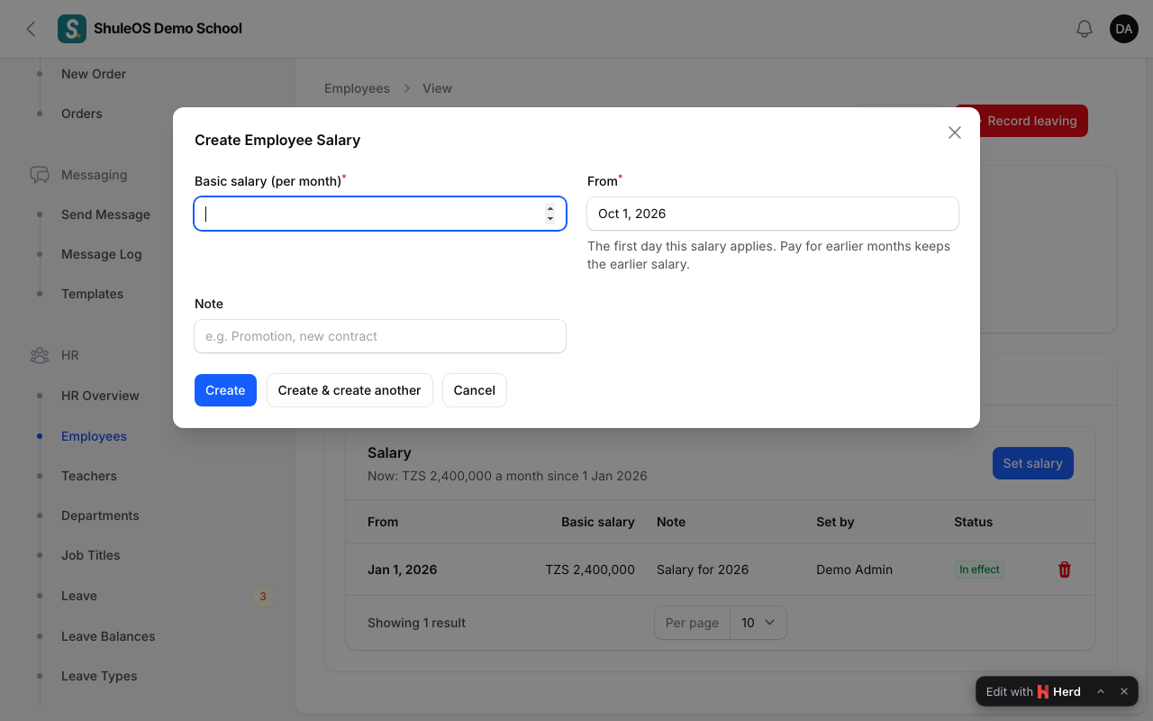 Setting a salary from the employee's page