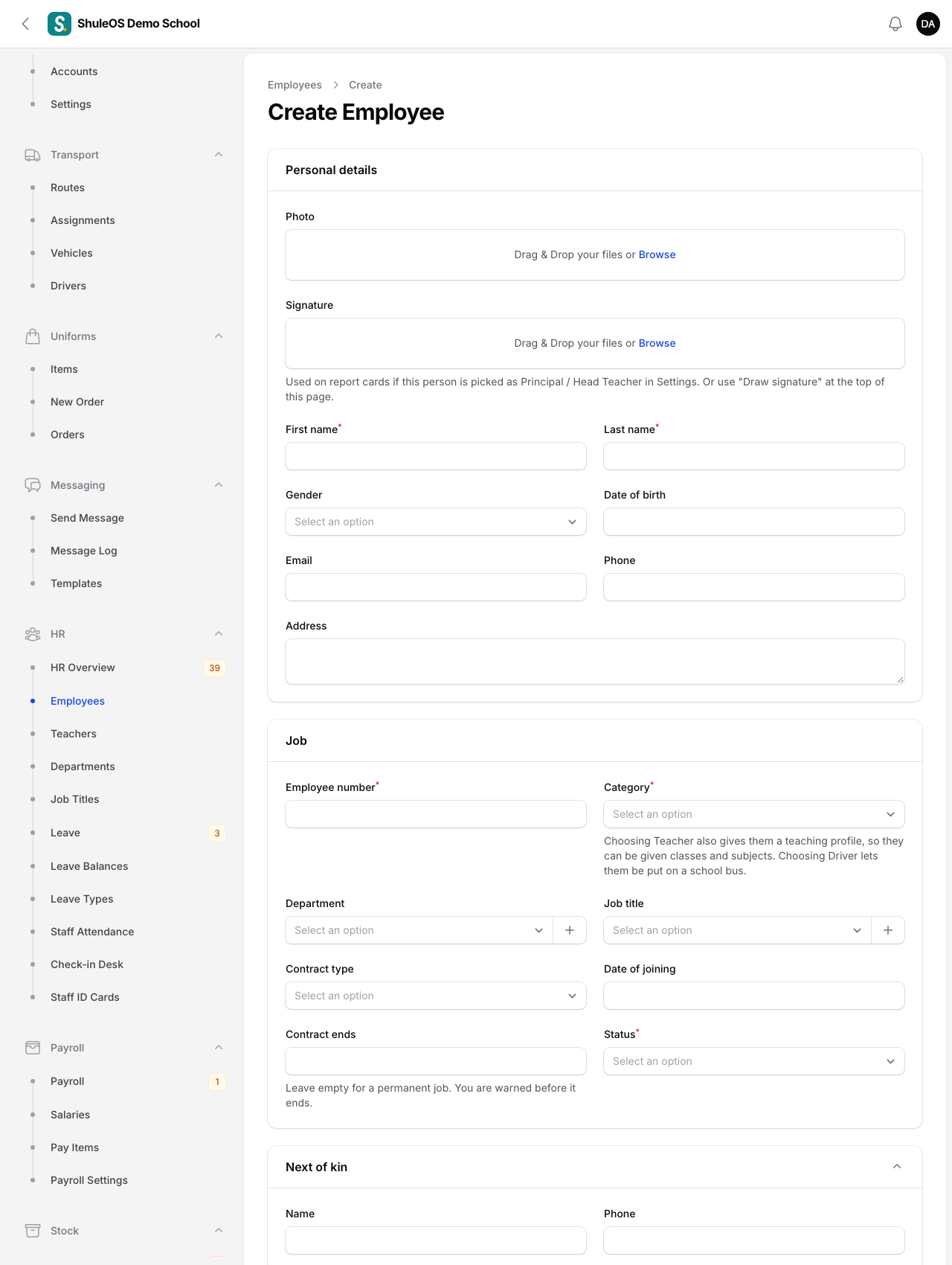 The new employee form
