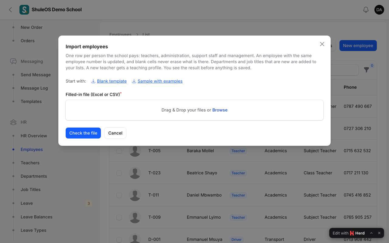 The import window for employees