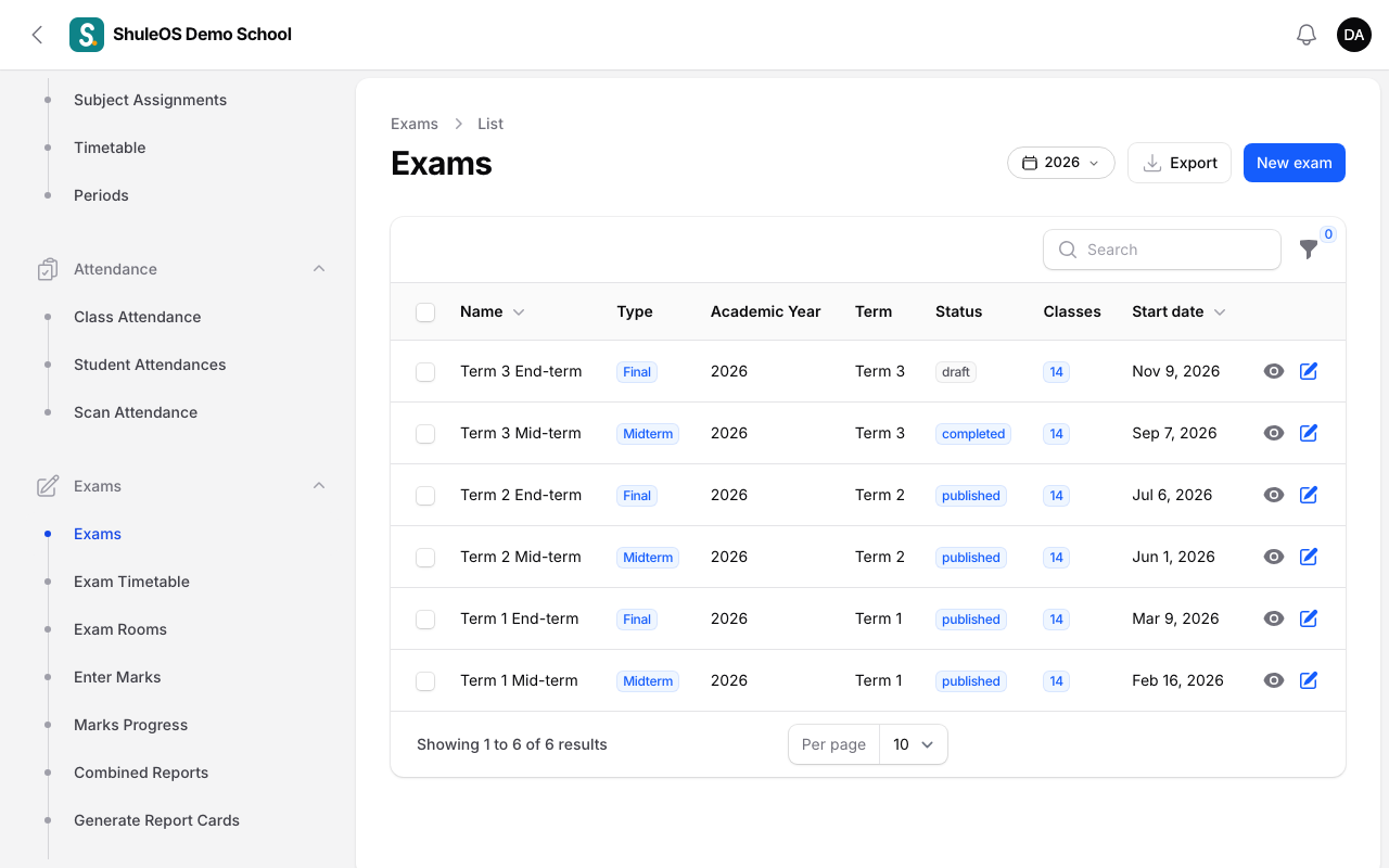 The exams list