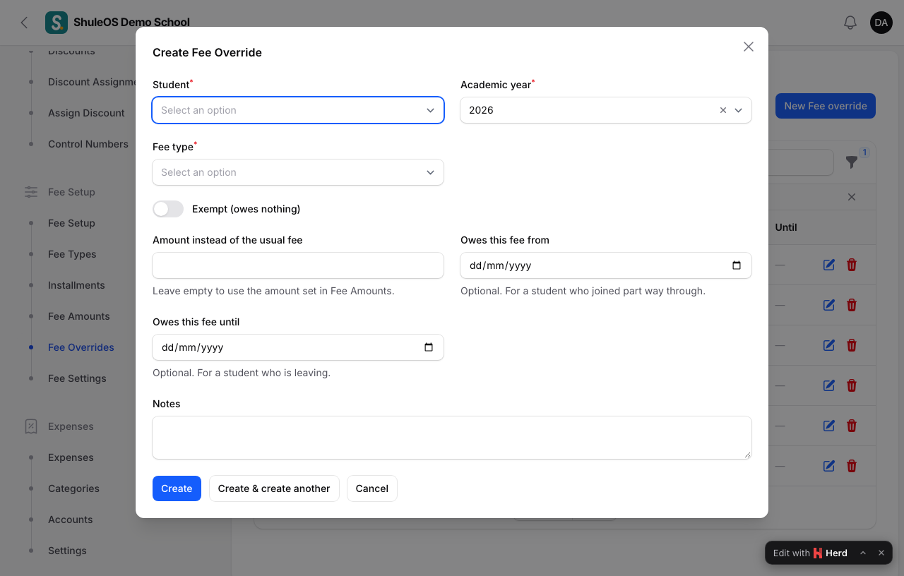 The new fee override form