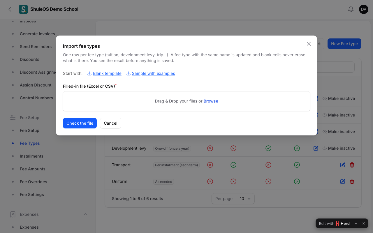 The import window for fee types