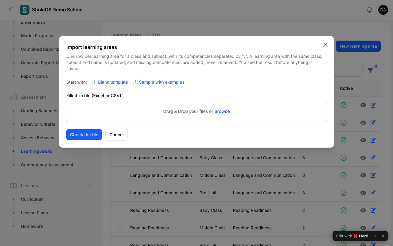 The import window for learning areas