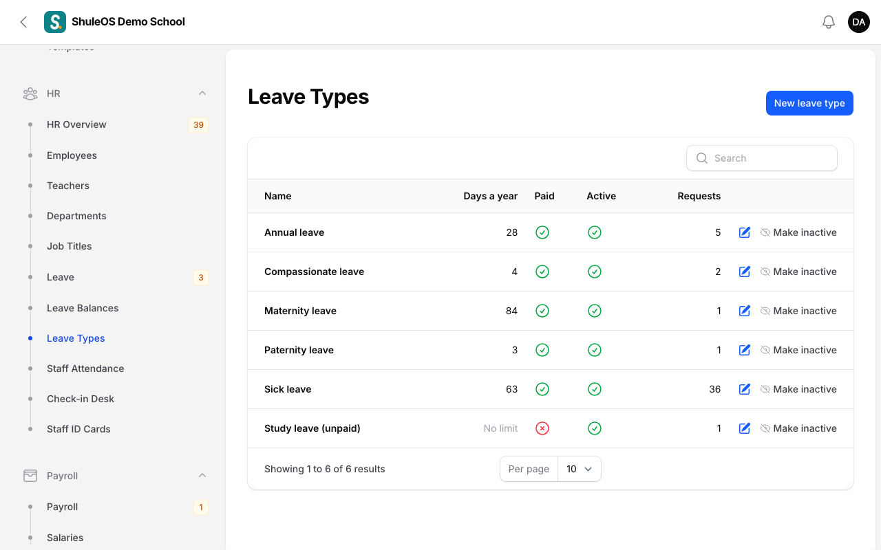 The Leave Types list