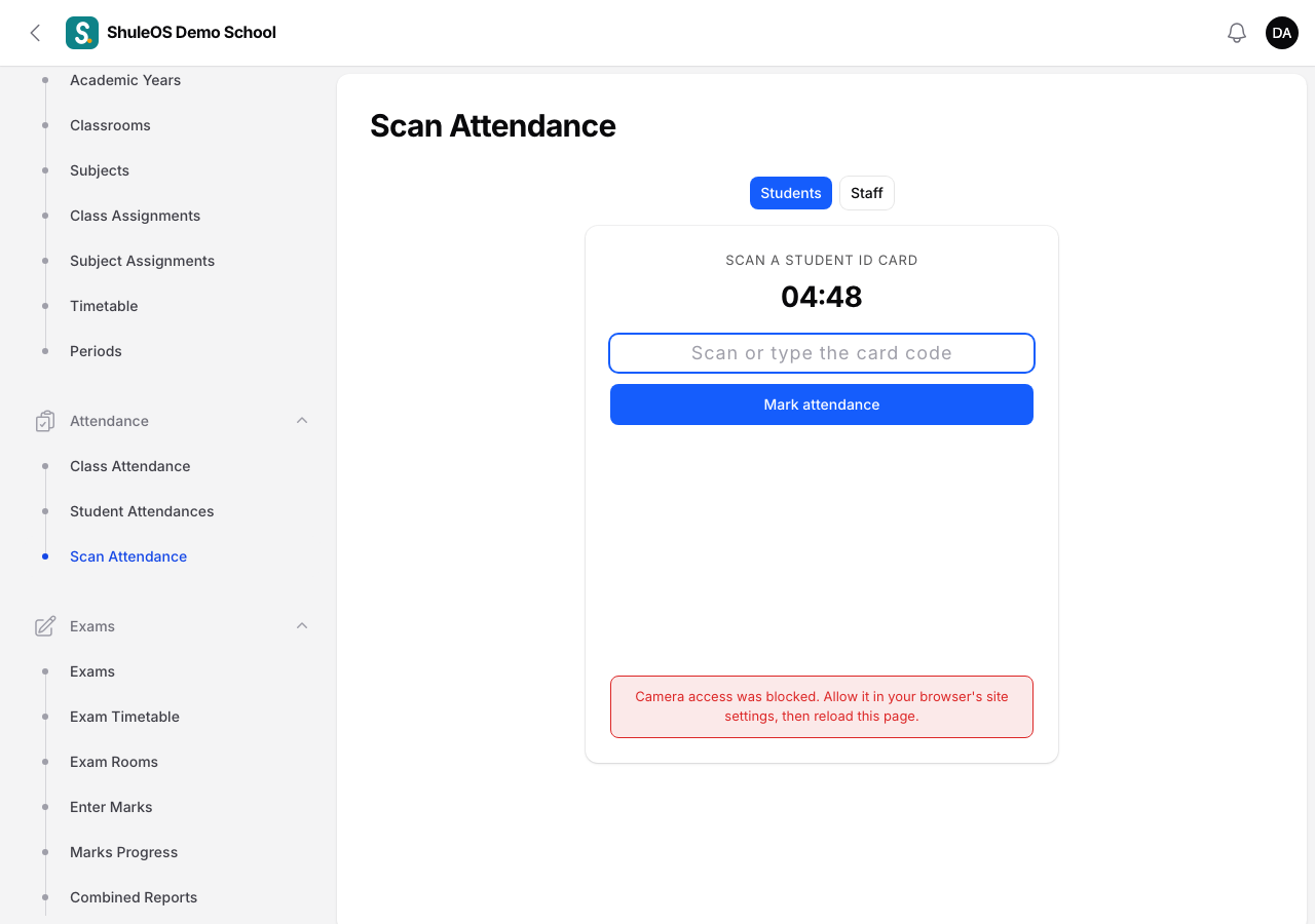 The Scan Attendance page