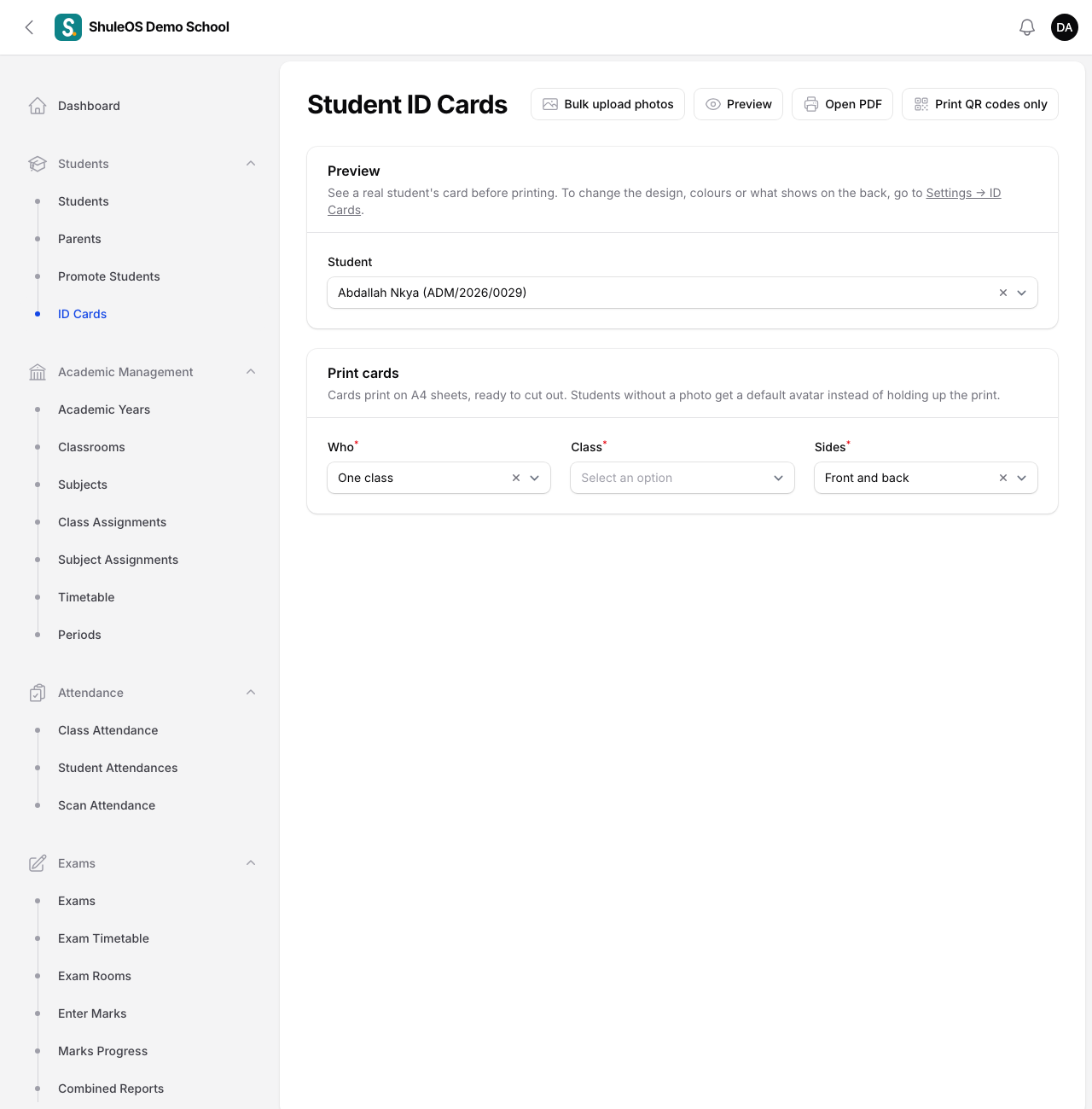 The Student ID Cards page