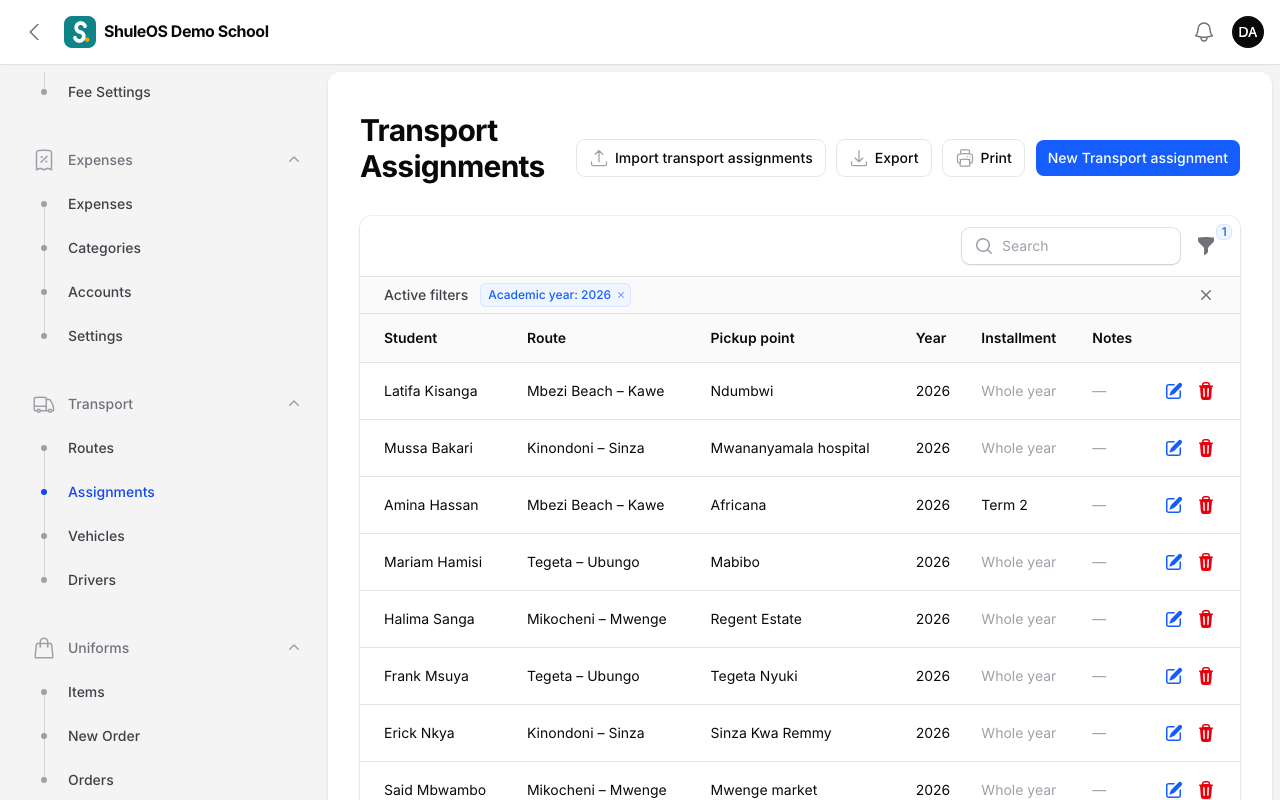 Transport assignments