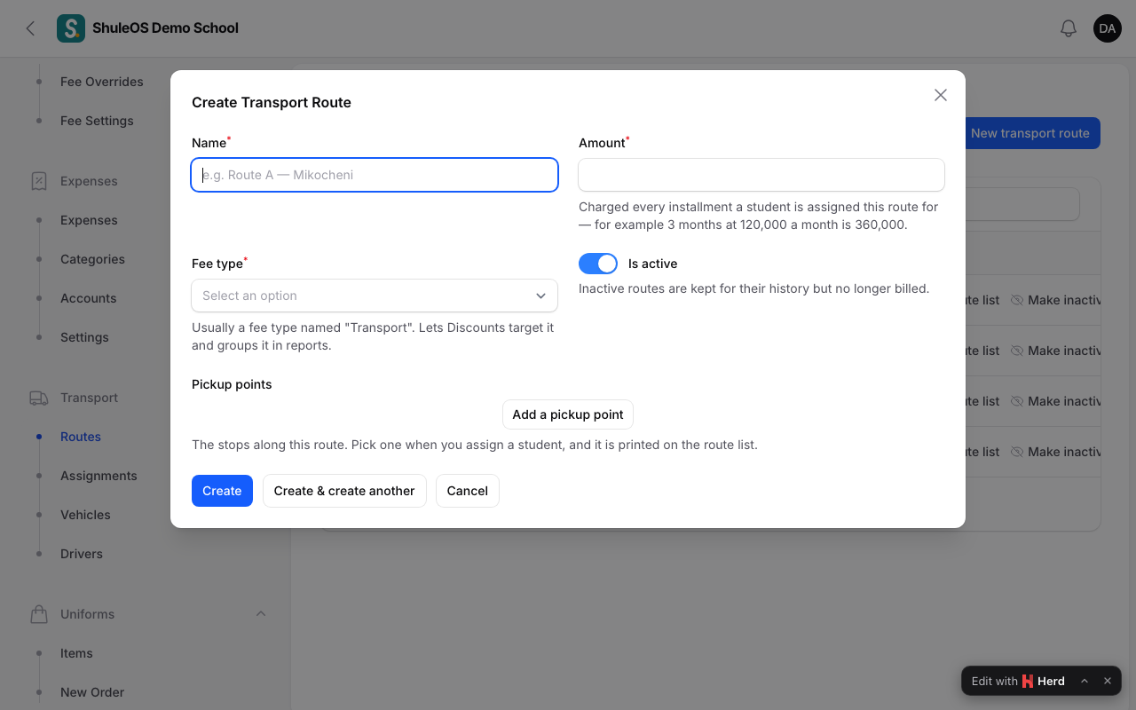 The new transport route form