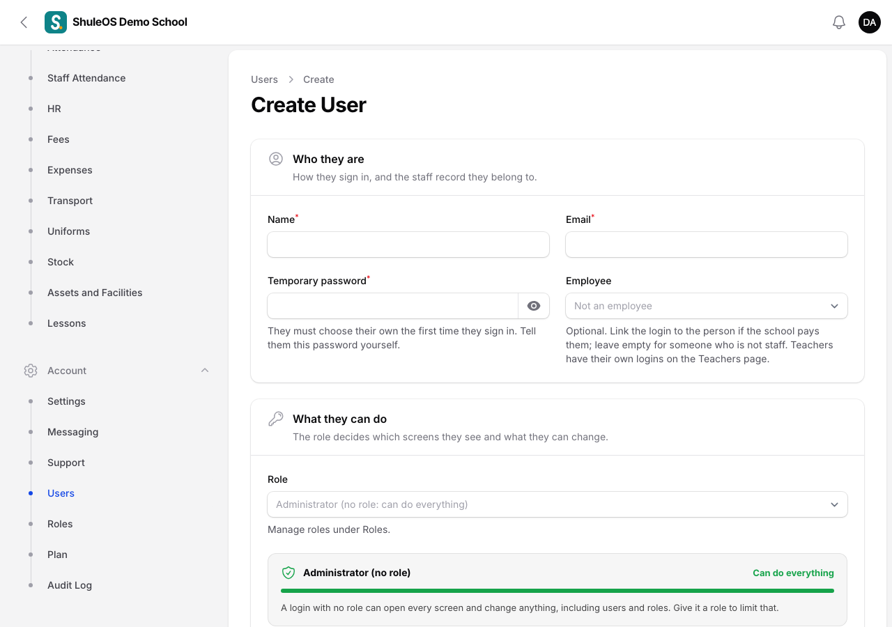 The new user form