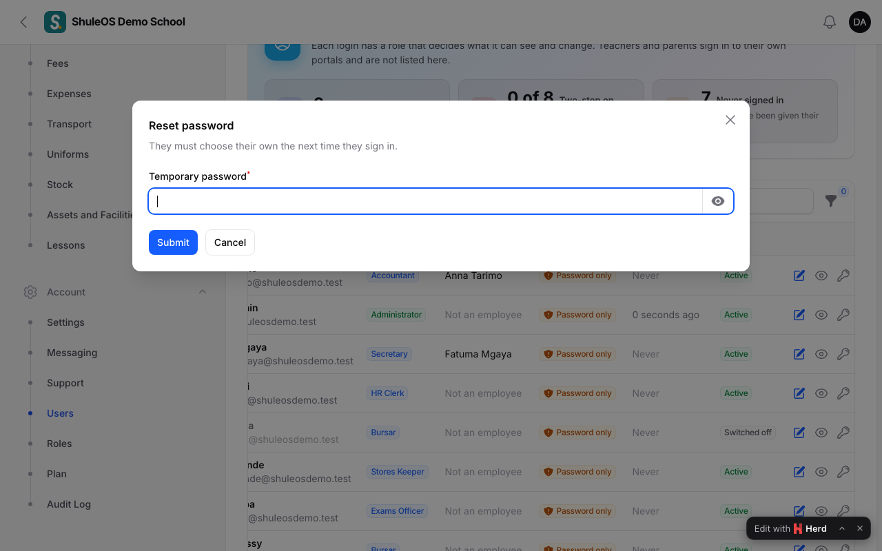 Resetting a password