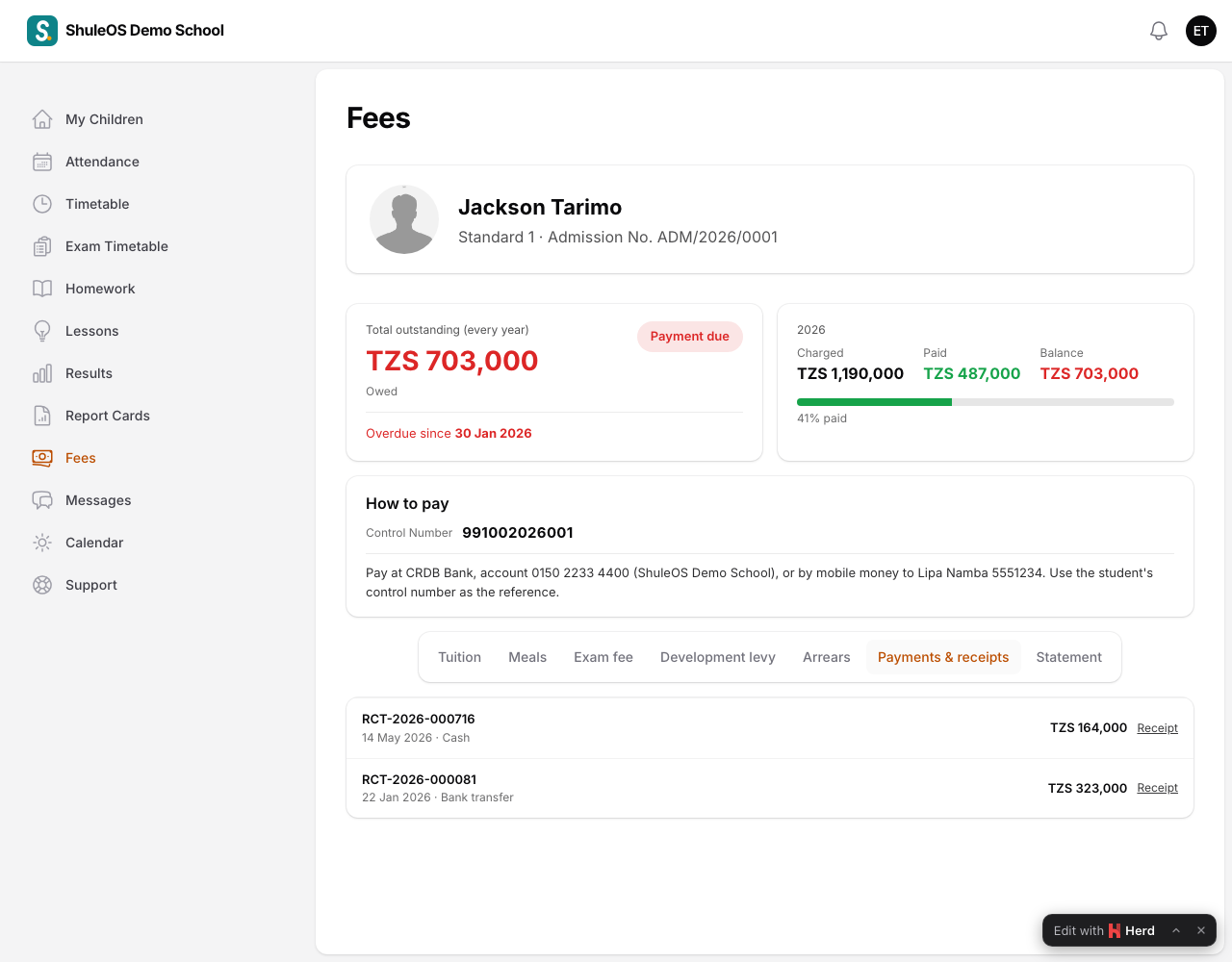 Payments and receipts