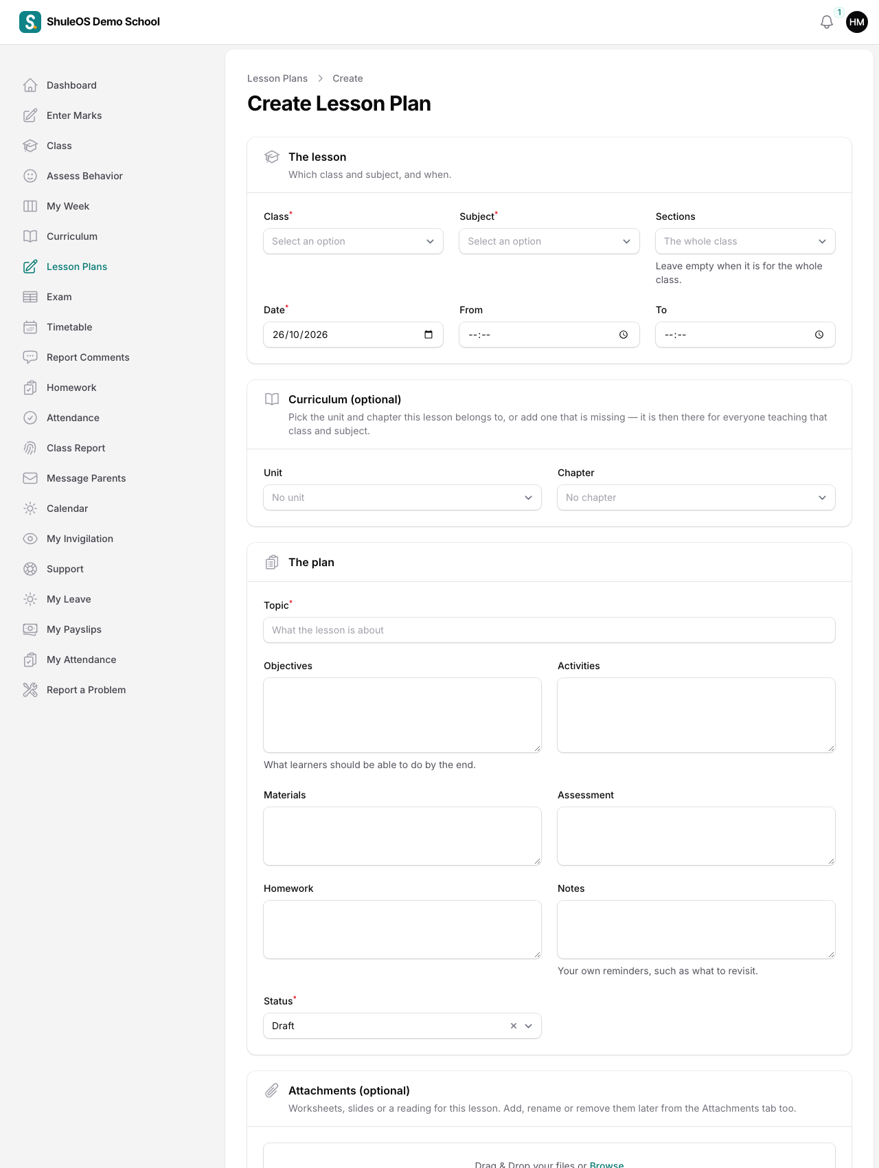 The lesson plan form