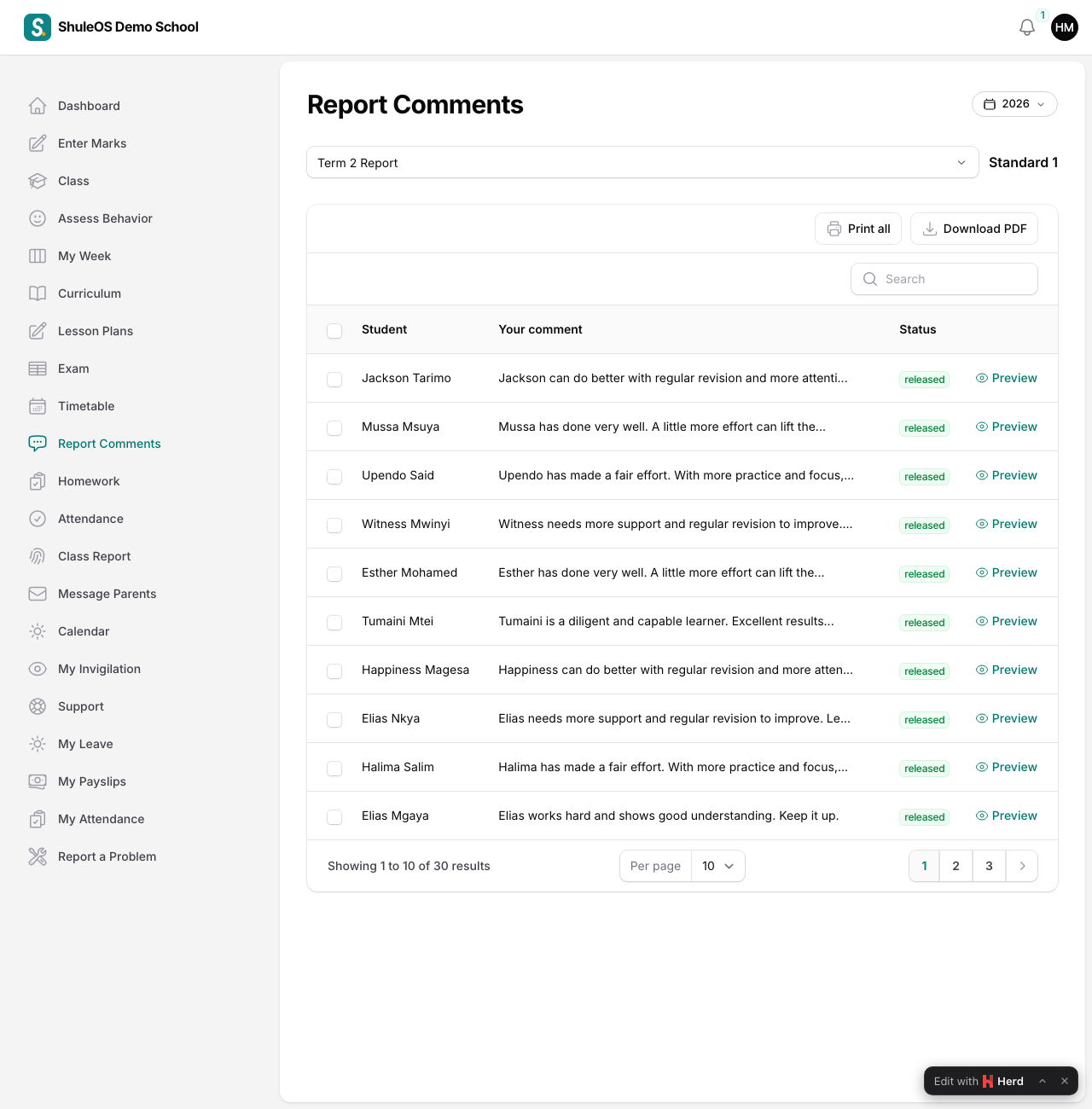 Report Comments with a report chosen