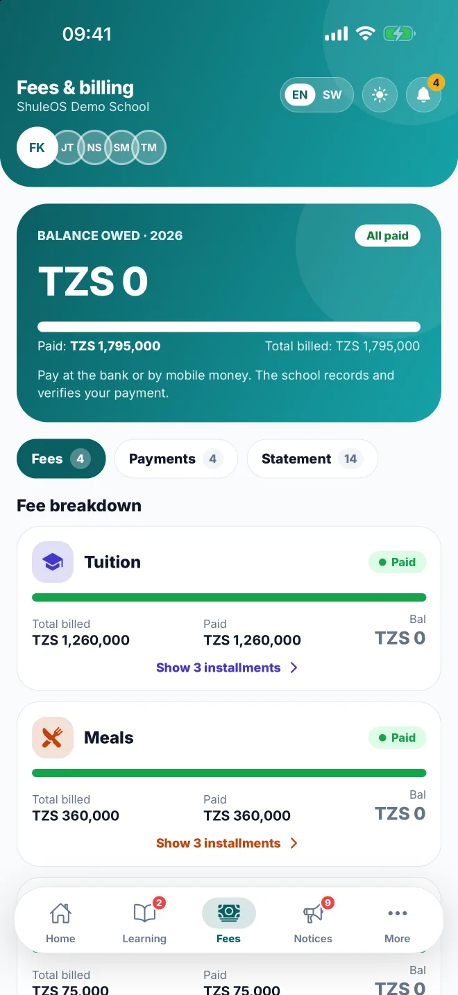 Fees and payments in the ShuleOS app for parents