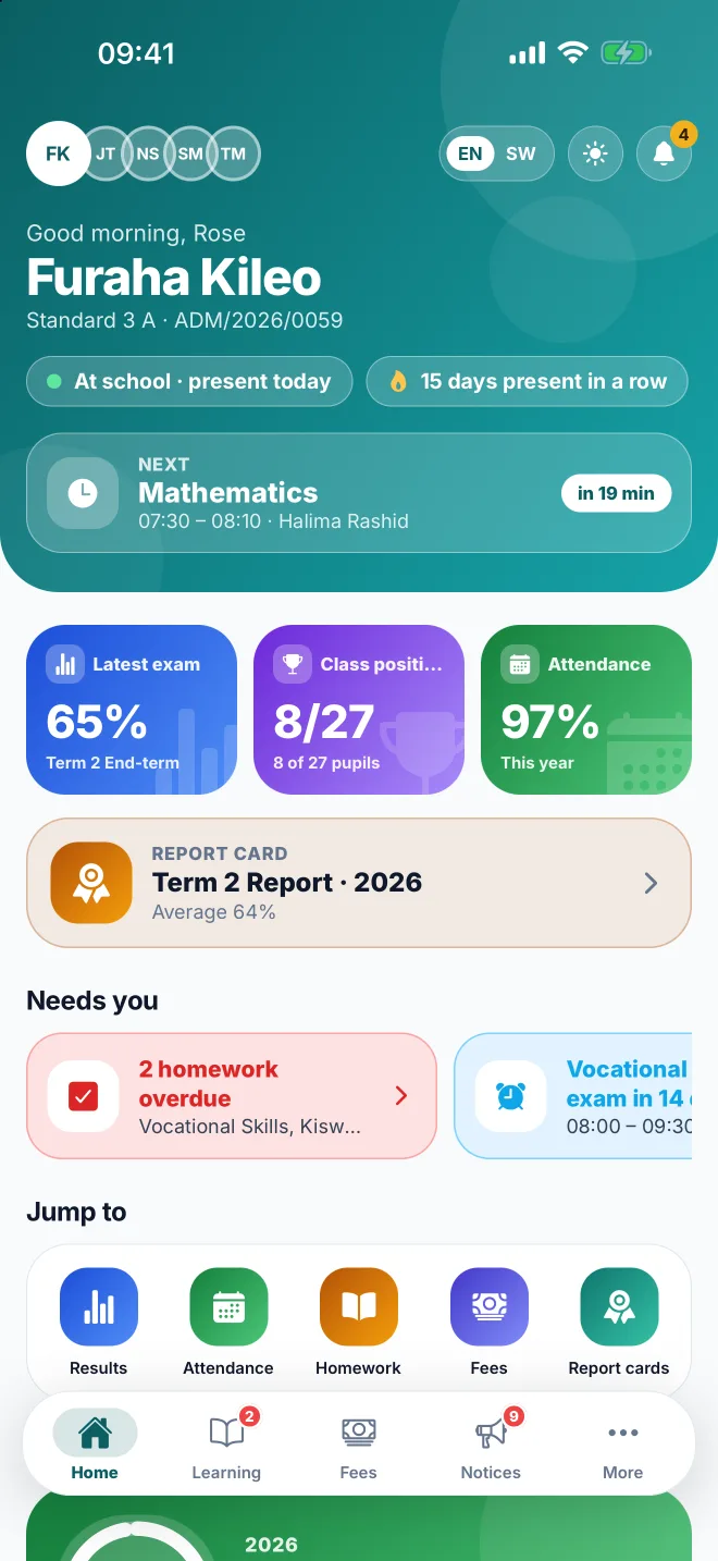 The ShuleOS app for parents on an iPhone