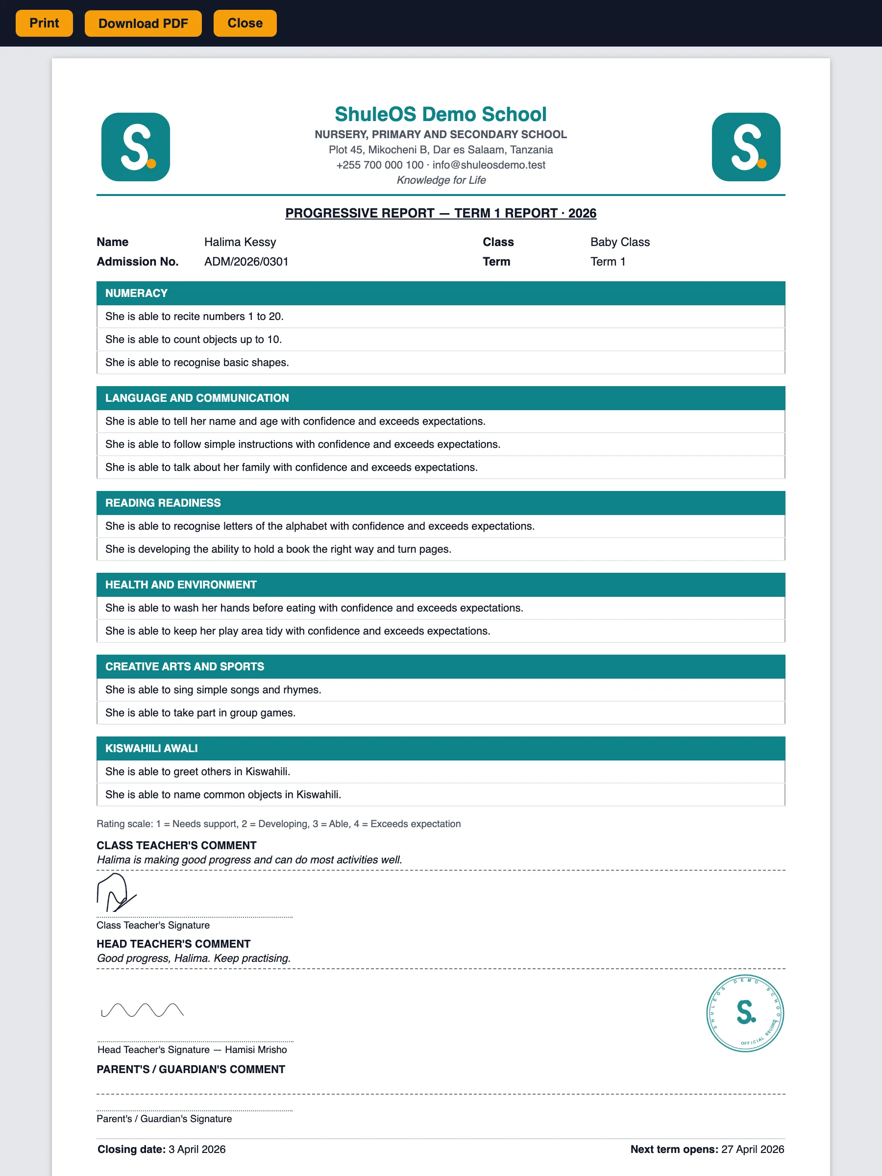 A printed ShuleOS report card with the school's logo, comments, signatures and stamp