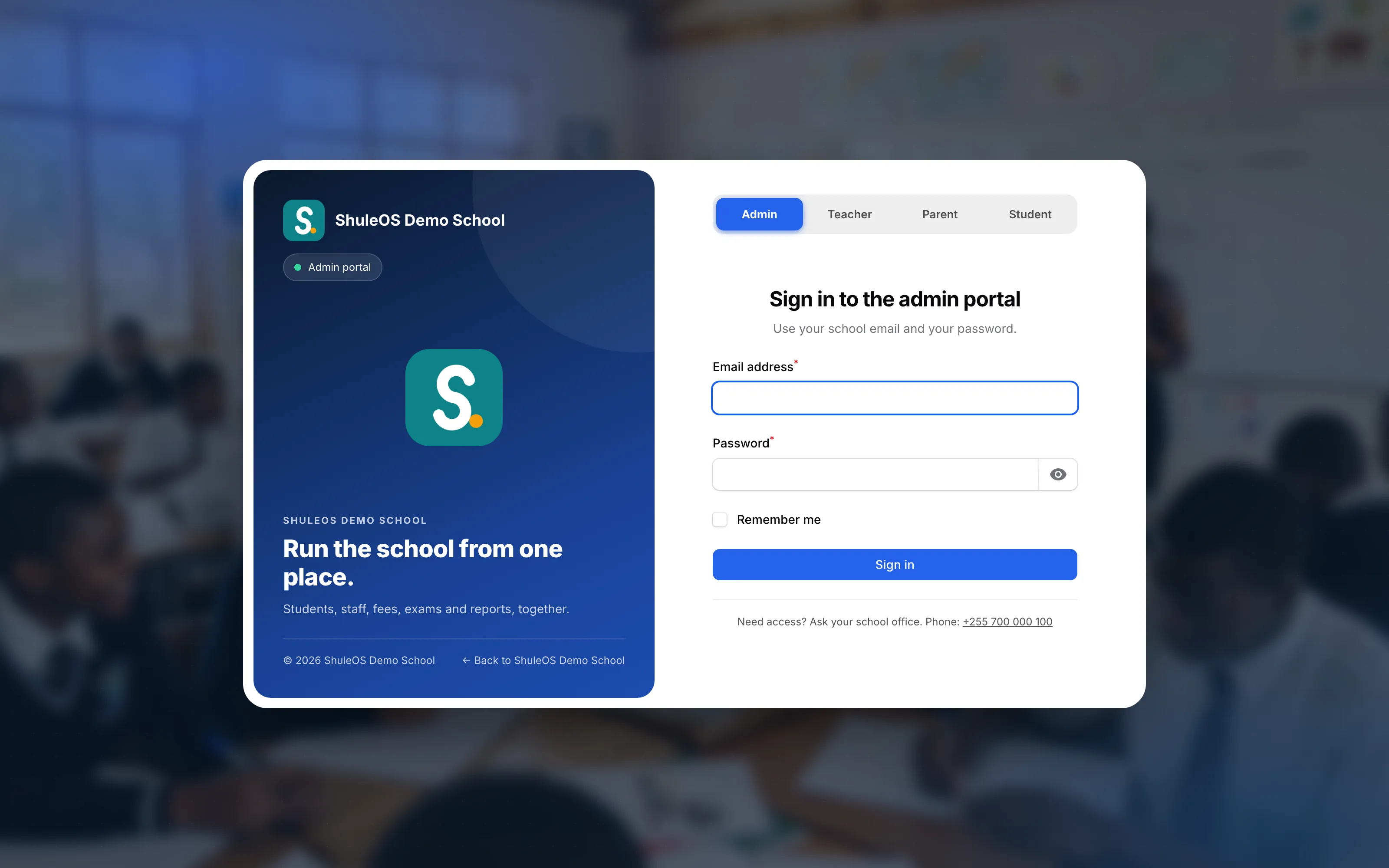 The ShuleOS sign-in page for a school, with tabs for admin, teacher, parent and student